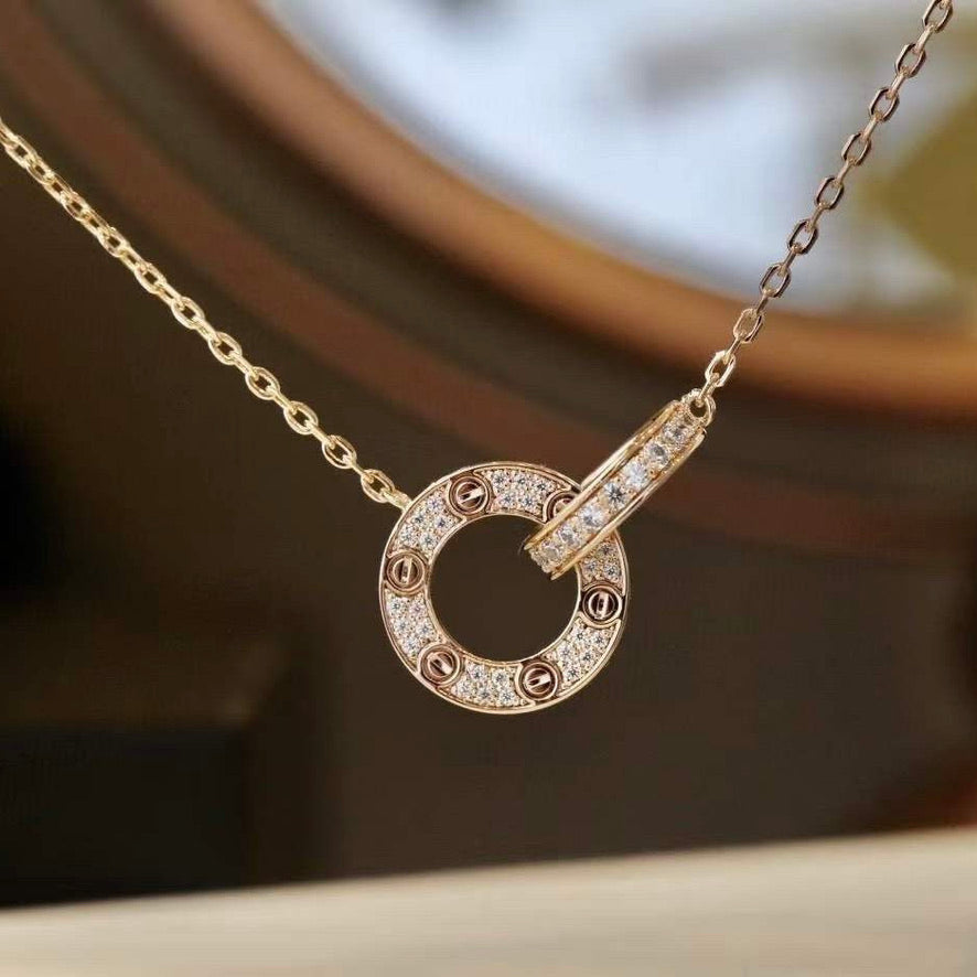 [Noble Jewelry]LOVE 7.6MM NECKLACE ROSE GOLD AND SILVER  FULL DIAMOND