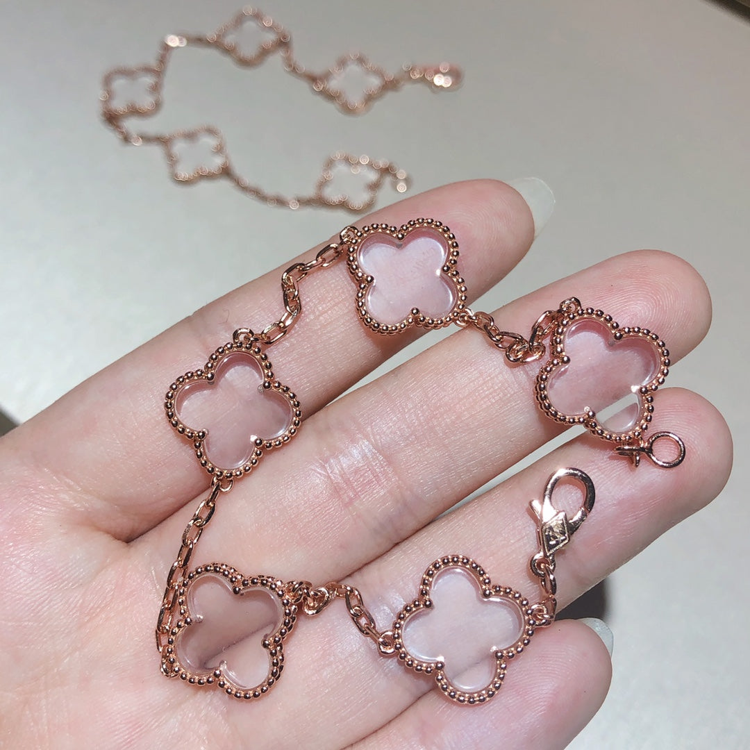 [Noble Jewelry]CLOVER 5 MOTIF ROCK CRYSTAL PINK GOLD BRACELET