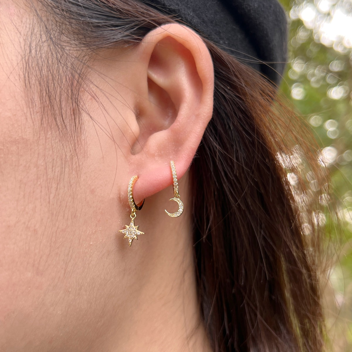 [Noble Jewelry]Star and Moon Asymmetric Earrings