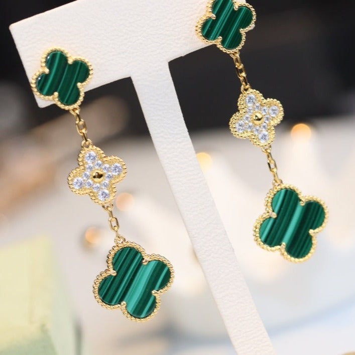 [Noble Jewelry]CLOVER EARRINGS GOLD MALACHITE DIAMOND 3 MOTIF