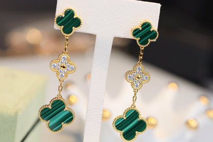 [Noble Jewelry]CLOVER EARRINGS GOLD MALACHITE DIAMOND 3 MOTIF