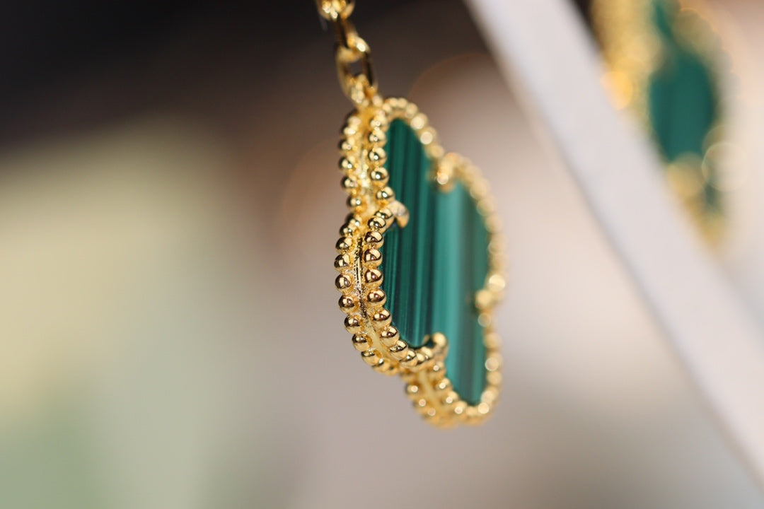 [Noble Jewelry]CLOVER EARRINGS GOLD MALACHITE DIAMOND 3 MOTIF