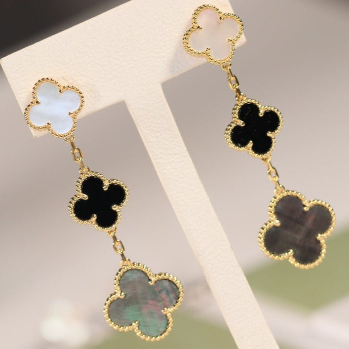 [Noble Jewelry]CLOVER EARRINGS GOLD ONYX MOP 3 MOTIF