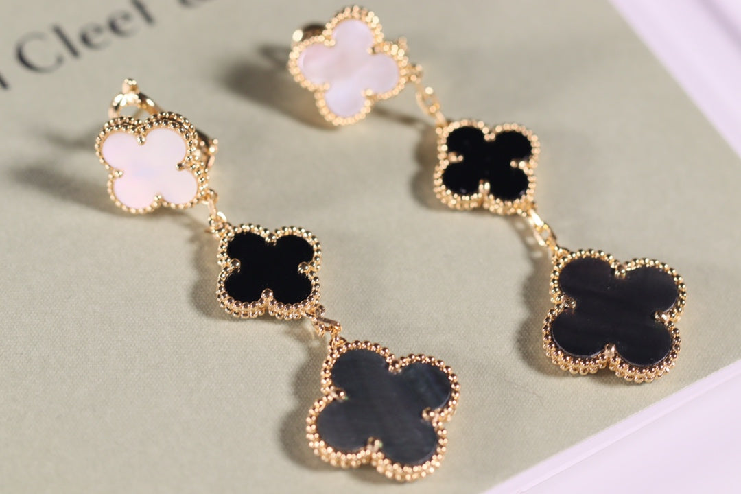 [Noble Jewelry]CLOVER EARRINGS GOLD ONYX MOP 3 MOTIF