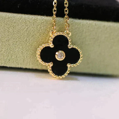 [Edler Schmuck]CLOVER 15MM DIAMANT-ONYX-HALSKETTE