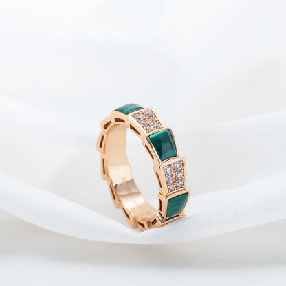 [Noble Jewelry]SERPENTI RING PINK GOLD MALACHITE DIAMOND PAVED 4MM