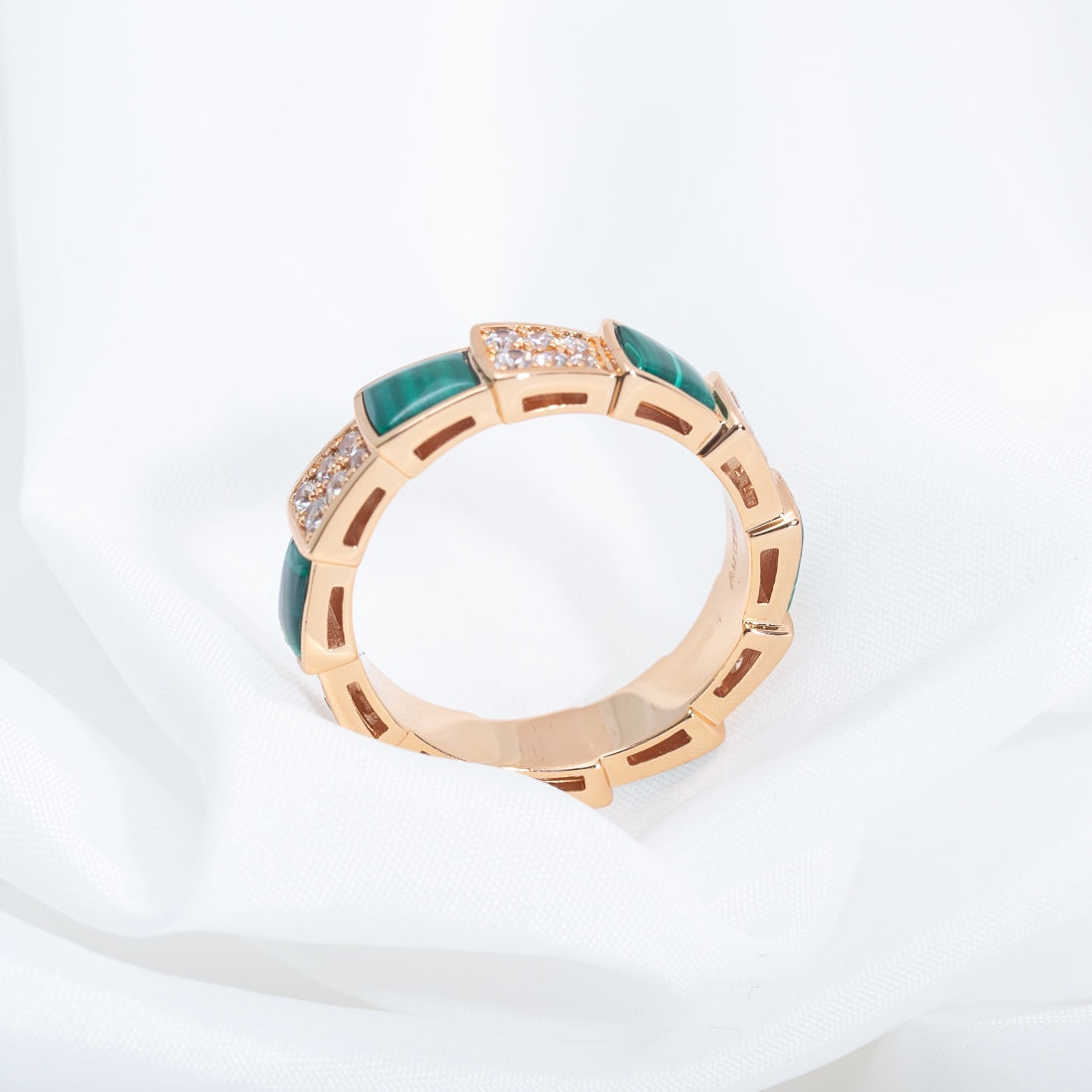 [Noble Jewelry]SERPENTI RING PINK GOLD MALACHITE DIAMOND PAVED 4MM