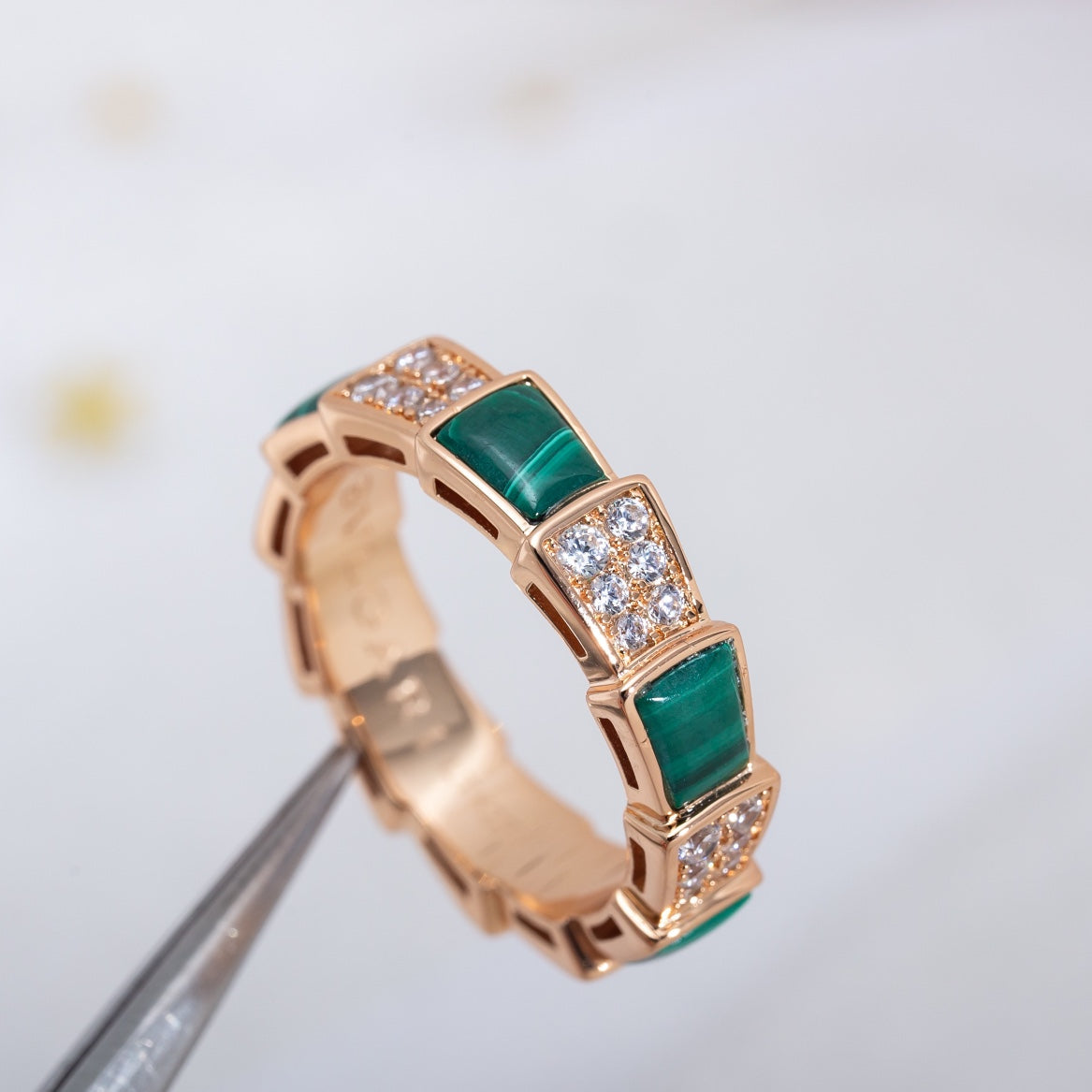 [Noble Jewelry]SERPENTI RING PINK GOLD MALACHITE DIAMOND PAVED 4MM