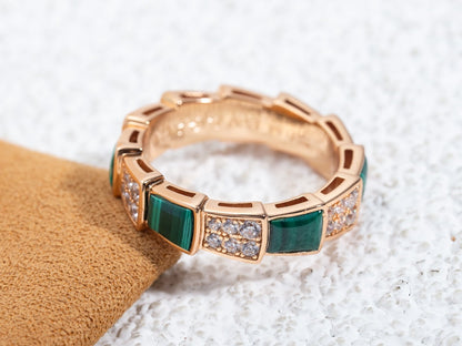 [Noble Jewelry]SERPENTI RING PINK GOLD MALACHITE DIAMOND PAVED 4MM