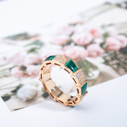 [Noble Jewelry]SERPENTI RING PINK GOLD MALACHITE DIAMOND PAVED 4MM