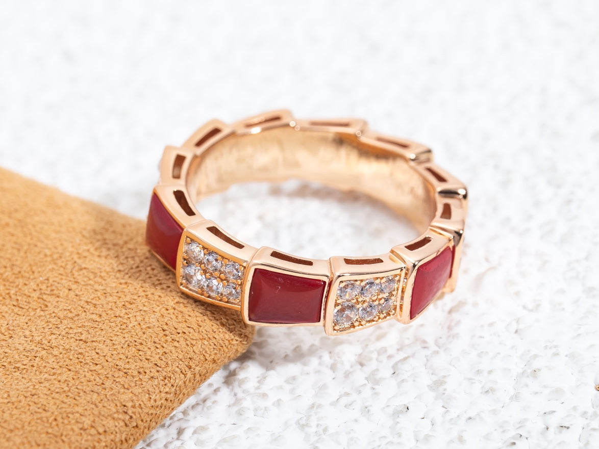 [Noble Jewelry]SERPENTI RING PINK GOLD CARNELIAN DIAMOND PAVED 4MM