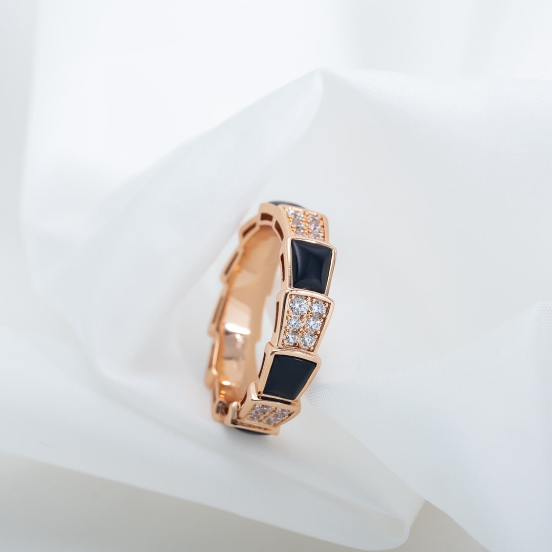 [Noble Jewelry]SERPENTI RING PINK GOLD BLACK MOP DIAMOND PAVED 4MM