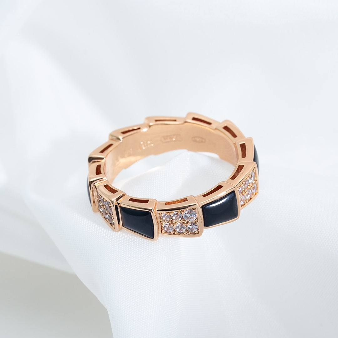 [Noble Jewelry]SERPENTI RING PINK GOLD BLACK MOP DIAMOND PAVED 4MM