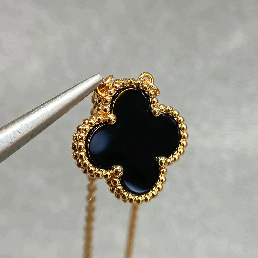 [Noble Jewelry]CLOVER 15MM BLACK ONYX SINGLE FLOWER NECKLACE