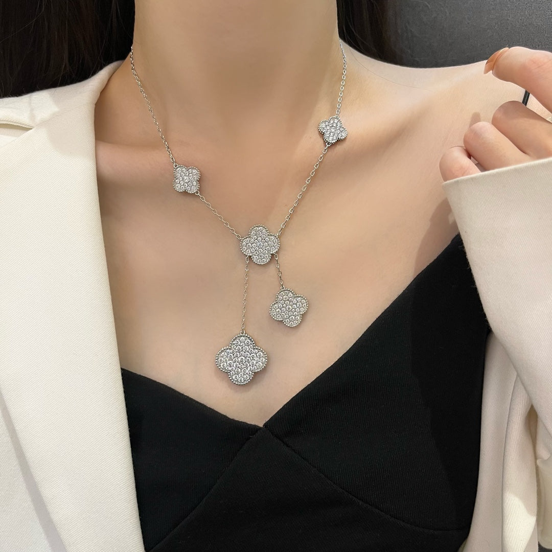 [Noble Jewelry]CLOVER 5 MOTIFS SILVER DIAMONDS NECKLACE