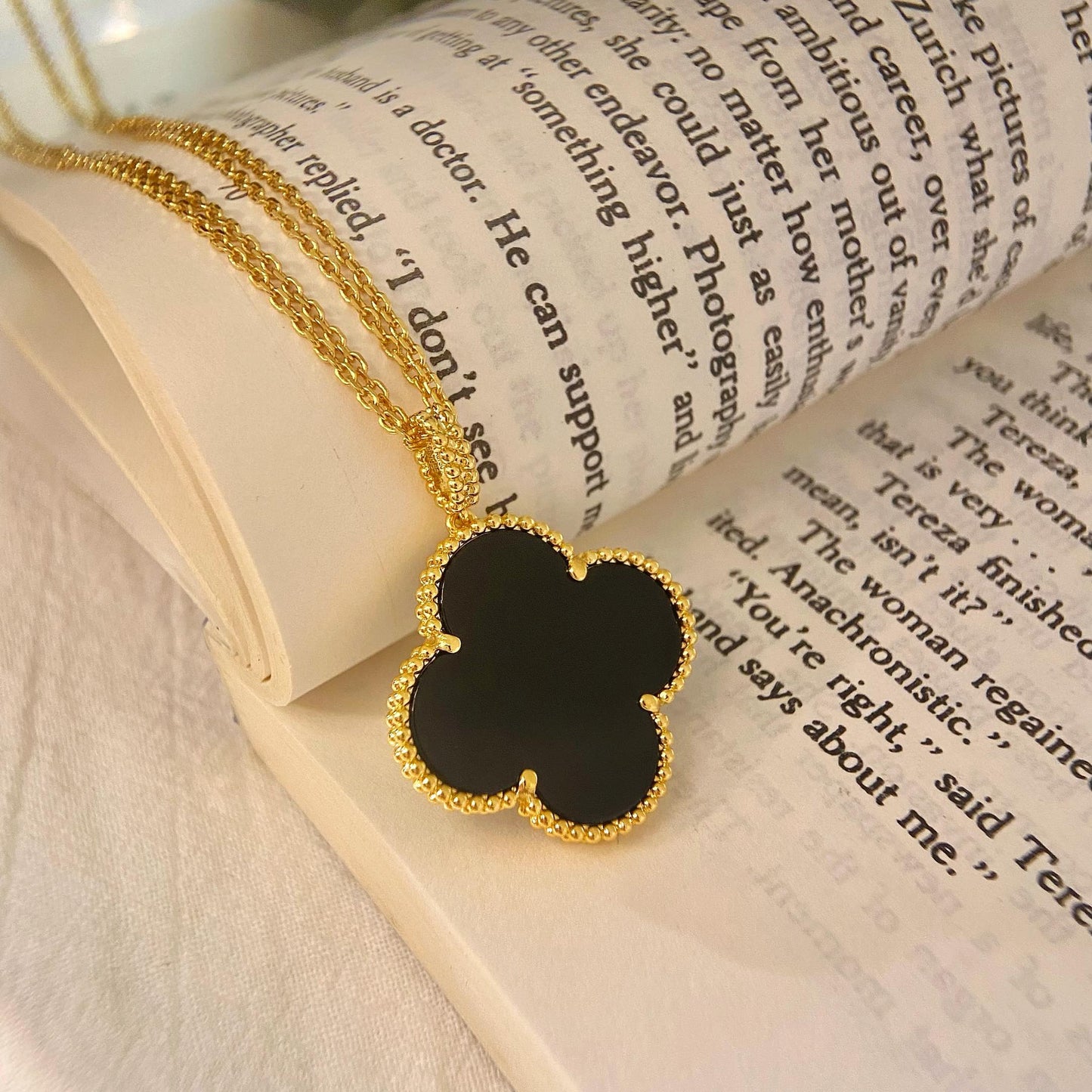 [Noble Jewelry]CLOVER 25MM NECKLACE GOLD ONYX