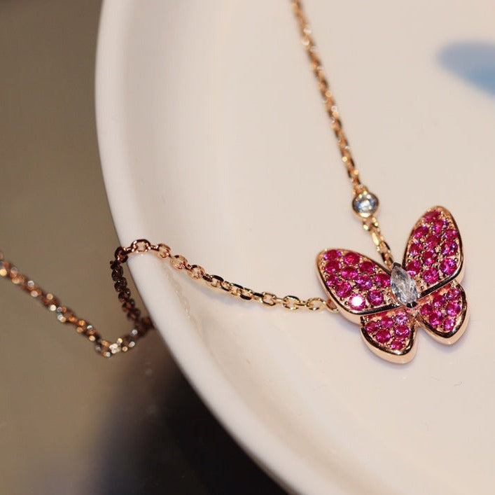 [Noble Jewelry]BUTTERFLY RED DIAMOND ROSE GOLD NECKLACE