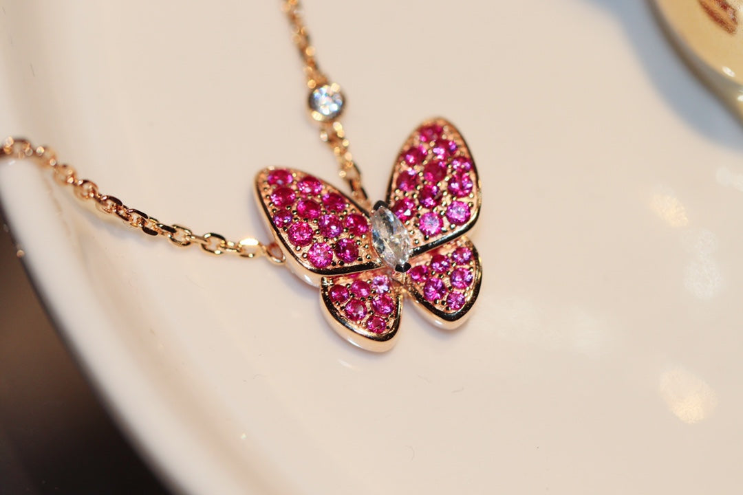 [Noble Jewelry]BUTTERFLY RED DIAMOND ROSE GOLD NECKLACE