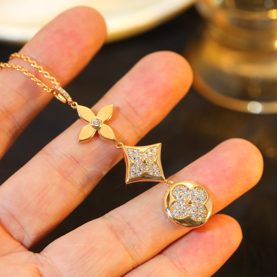 [Noble Jewelry]STAR AND SUN DIAMOND PINK GOLD NECKLACE