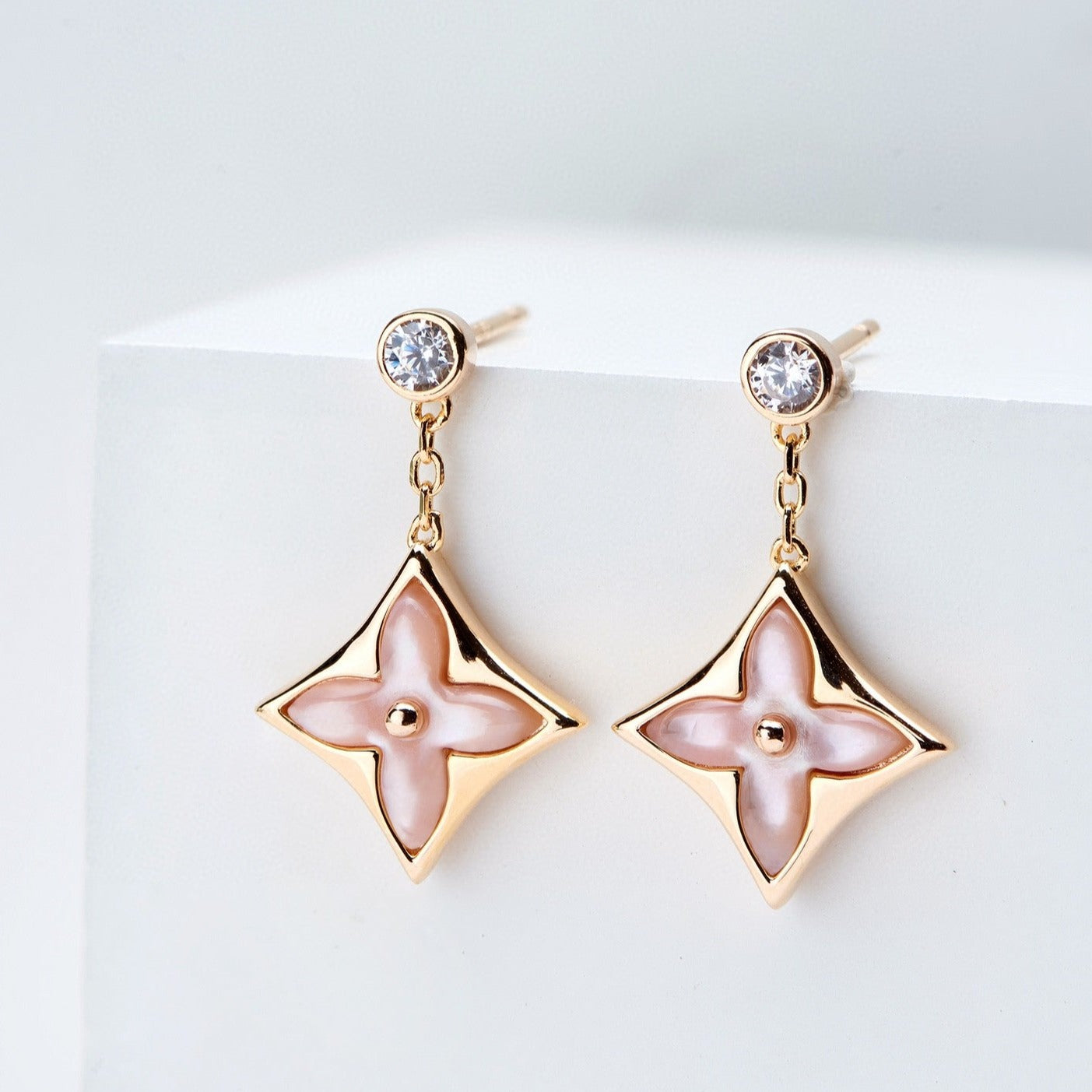 [Noble Jewelry]DOUBLE STAR PINK GOLD MOP DROP EARRINGS