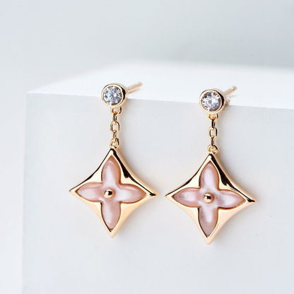 [Noble Jewelry]DOUBLE STAR PINK GOLD MOP DROP EARRINGS