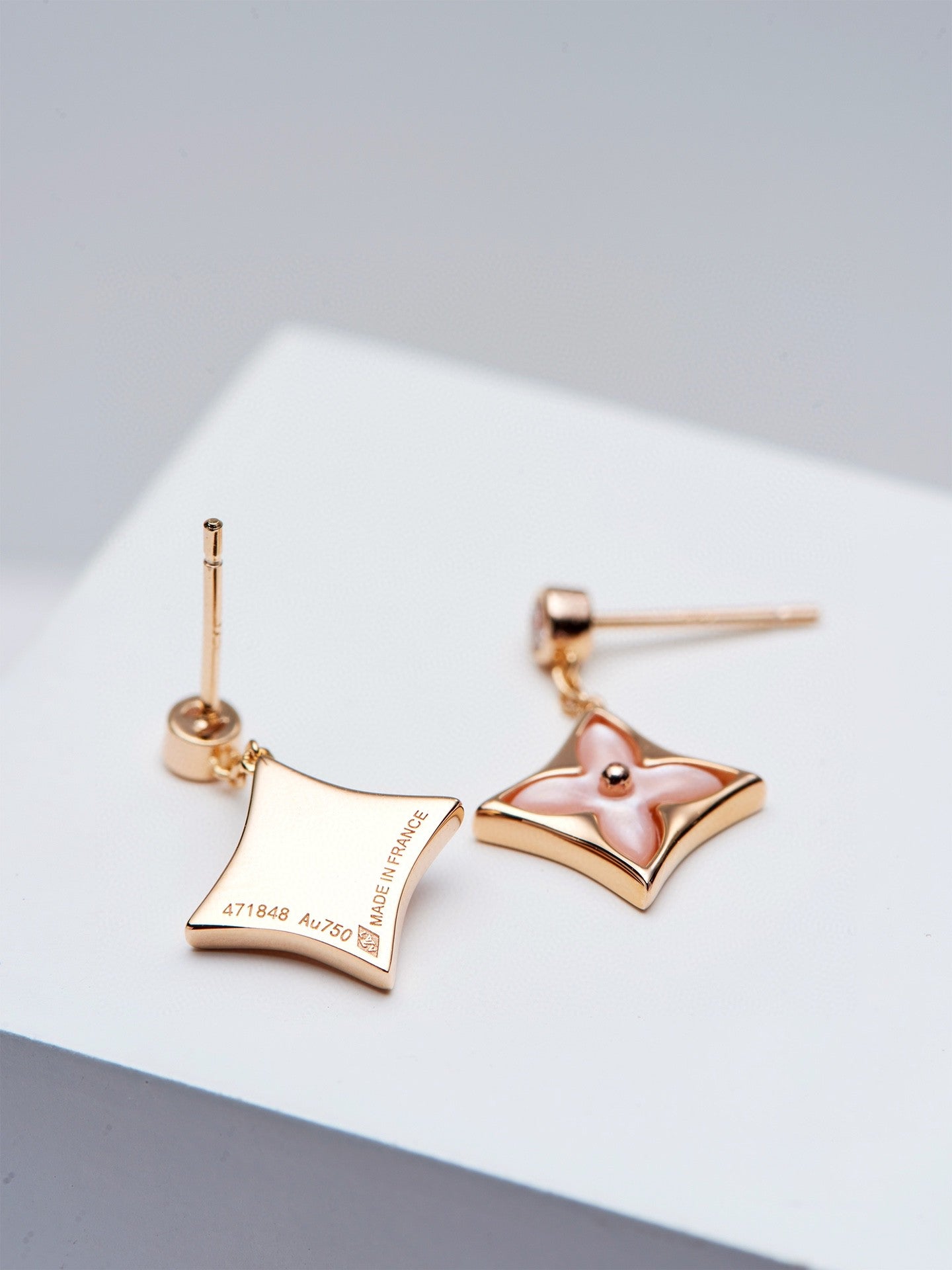 [Noble Jewelry]DOUBLE STAR PINK GOLD MOP DROP EARRINGS