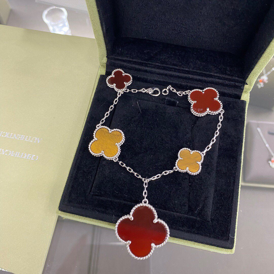 [Noble Jewelry]CLOVER 5 MOTIFS SIVLER CARNELIAN TIGER EYE BRACELET