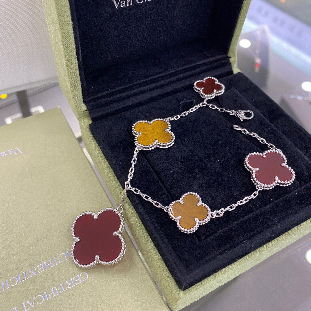 [Noble Jewelry]CLOVER 5 MOTIFS SIVLER CARNELIAN TIGER EYE BRACELET