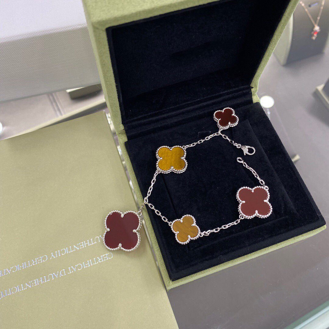 [Noble Jewelry]CLOVER 5 MOTIFS SIVLER CARNELIAN TIGER EYE BRACELET