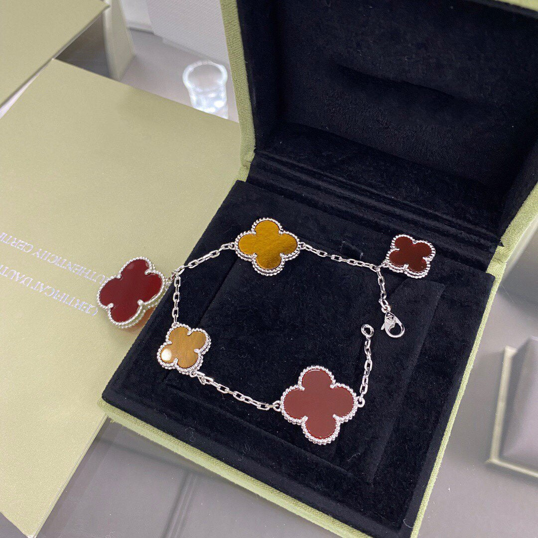 [Noble Jewelry]CLOVER 5 MOTIFS SIVLER CARNELIAN TIGER EYE BRACELET