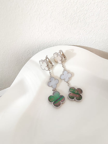 [Noble Jewelry]CLOVER 3 MOTIFS CHALCEDONY DARK MOP SILVER EARRINGS