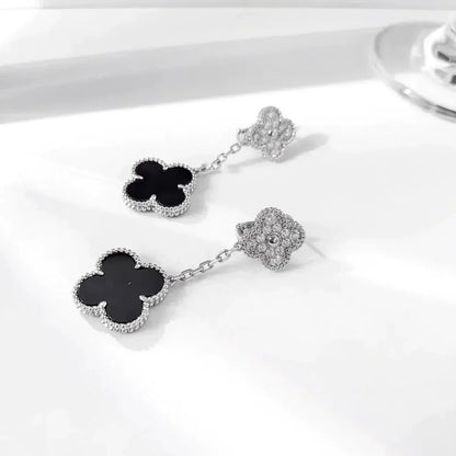 [Noble Jewelry]CLOVER 2 MOTIFS  DIAMOND ONYX EARRINGS SILVER