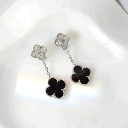 [Noble Jewelry]CLOVER 2 MOTIFS  DIAMOND ONYX EARRINGS SILVER