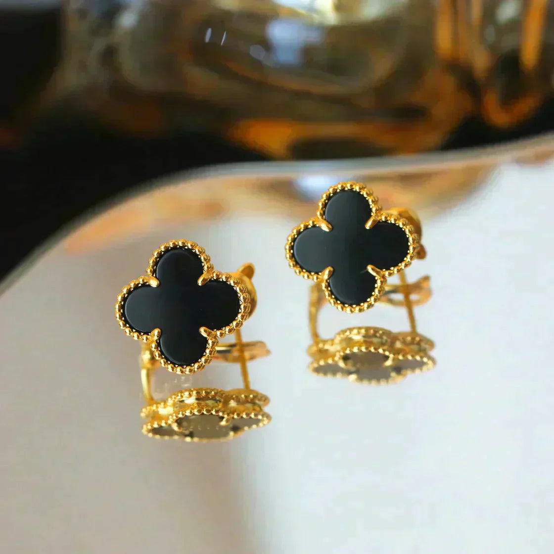 [Noble Jewelry]CLOVER MEDIUM 1 MOTIFS  ONYX STUD EARRINGS