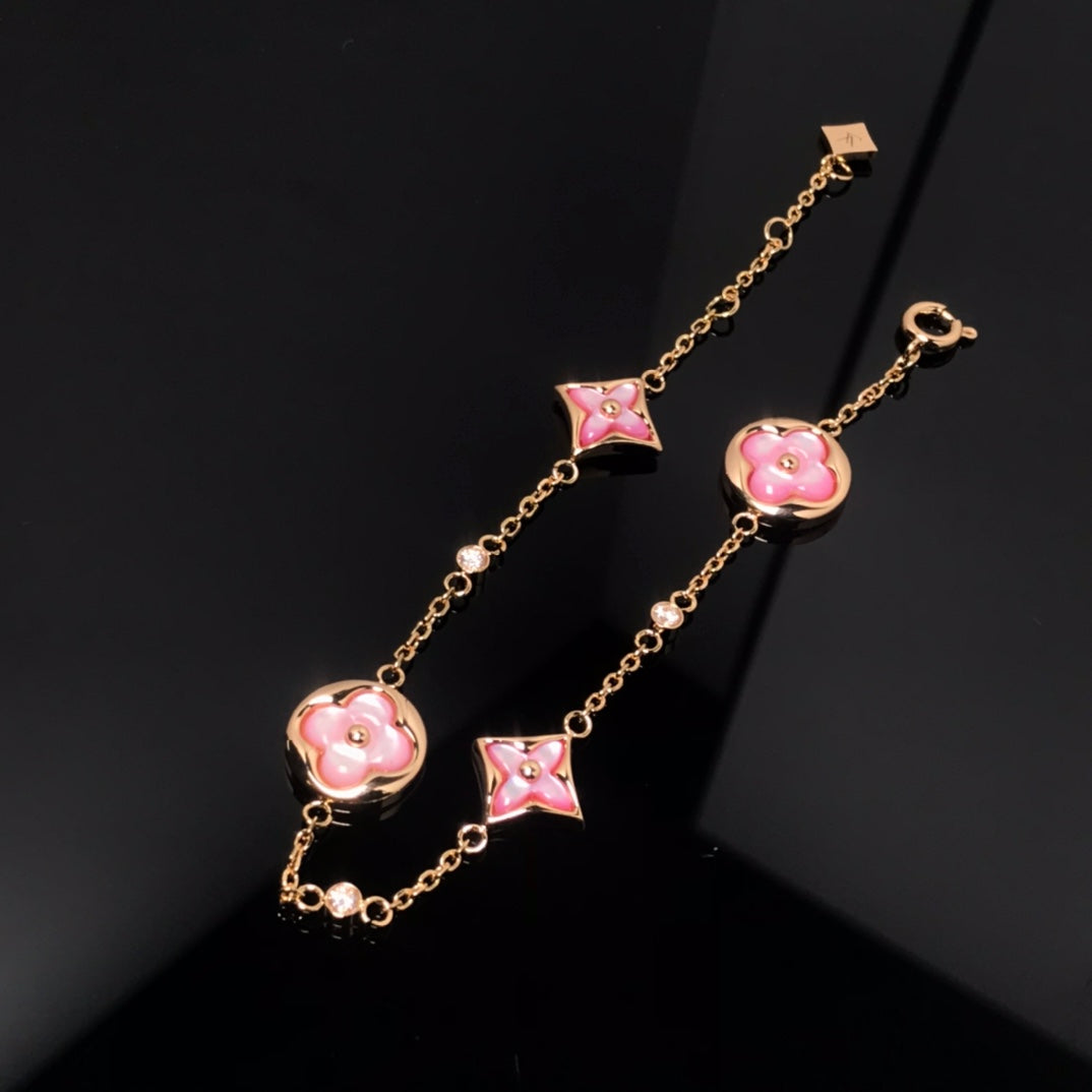 [Noble Jewelry]STAR AND SUN 4 MOTIF PINK MOP PINK GOLD BRACELET