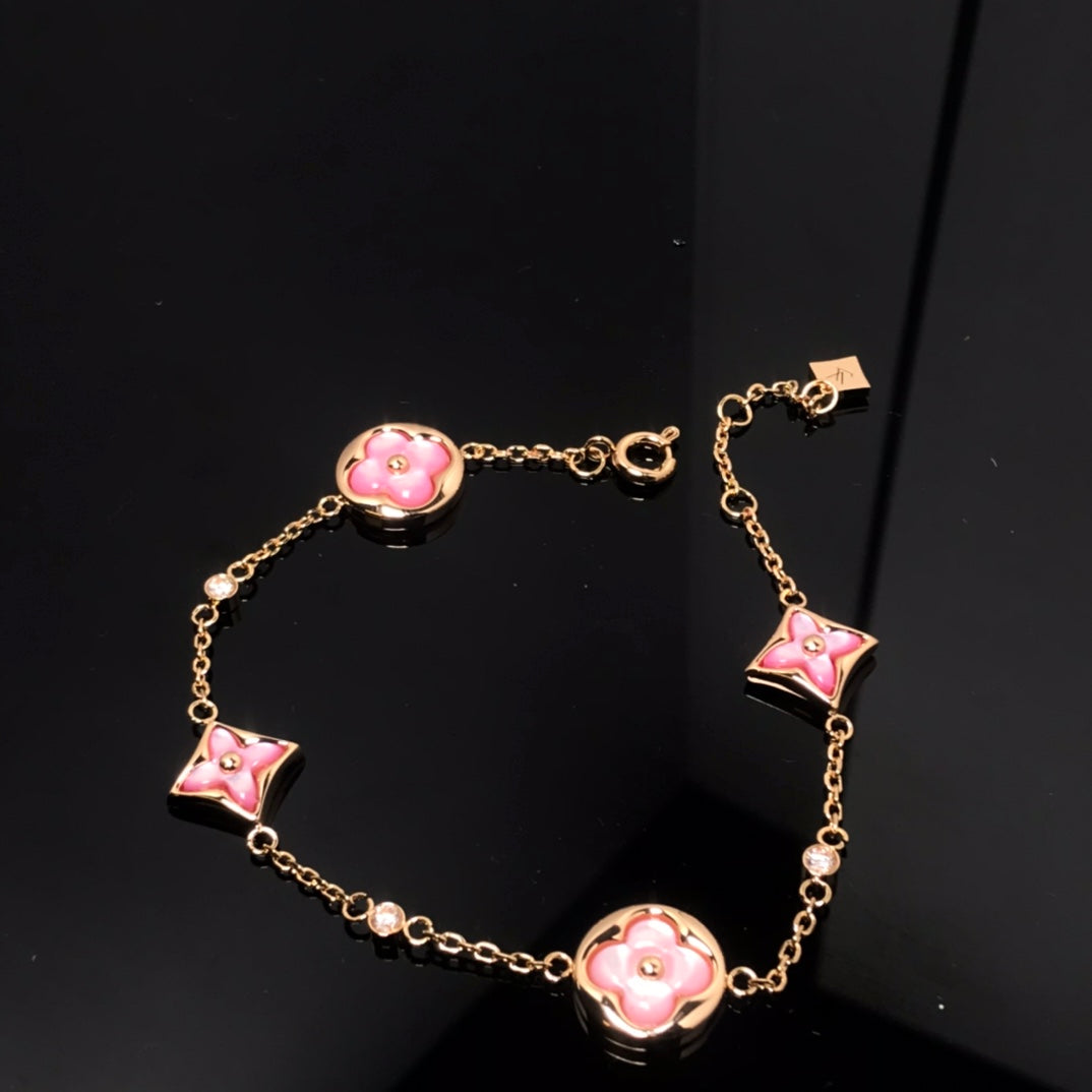 [Noble Jewelry]STAR AND SUN 4 MOTIF PINK MOP PINK GOLD BRACELET