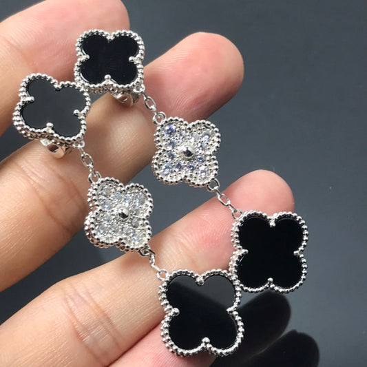 [Noble Jewelry]CLOVER 3 MOTIF DIAMOND ONYX SILVER EARRINGS