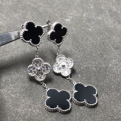 [Noble Jewelry]CLOVER 3 MOTIF DIAMOND ONYX SILVER EARRINGS