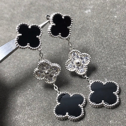 [Noble Jewelry]CLOVER 3 MOTIF DIAMOND ONYX SILVER EARRINGS