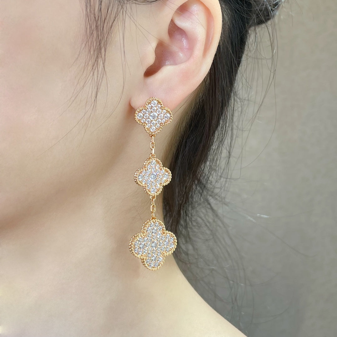 [Noble Jewelry]CLOVER 3 MOTIFS DIAMOND PAVED ROSE GOLD EARRINGS