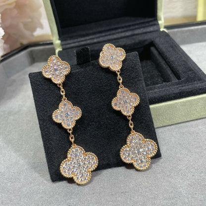 [Noble Jewelry]CLOVER 3 MOTIFS DIAMOND PAVED ROSE GOLD EARRINGS