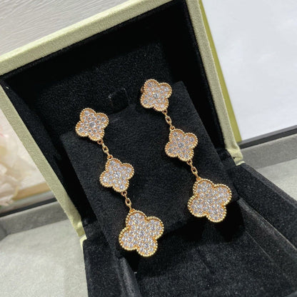 [Noble Jewelry]CLOVER 3 MOTIFS DIAMOND PAVED ROSE GOLD EARRINGS