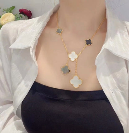 [Noble Jewelry]CLOVER 6 MOTIF MOP ONYX GOLD NECKLACE