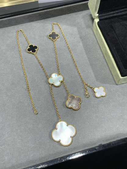 [Noble Jewelry]CLOVER 6 MOTIF MOP ONYX GOLD NECKLACE