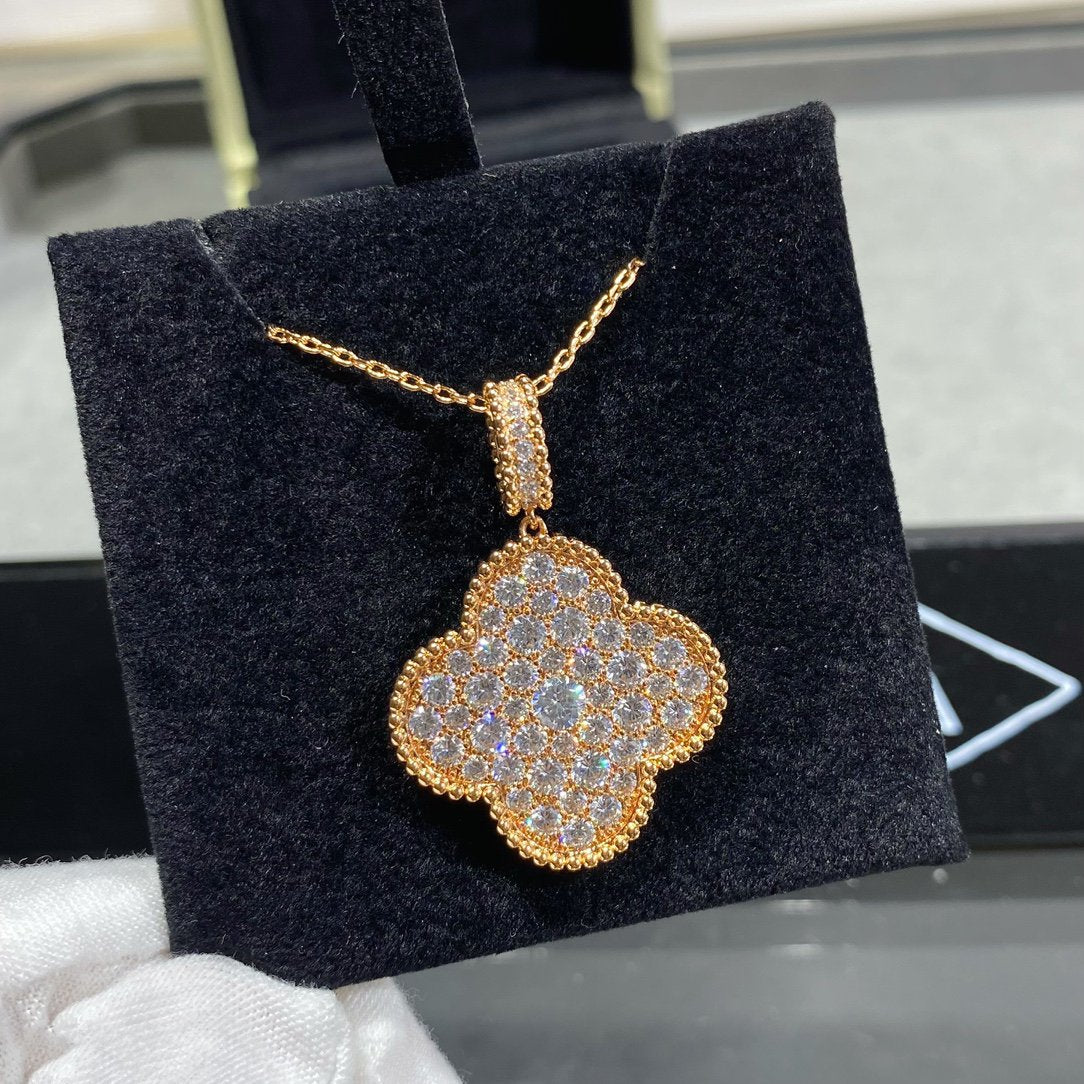 [Noble Jewelry]CLOVER 25MM LARGE PEDANT DIAMOND PAVED LONG NECKLACE