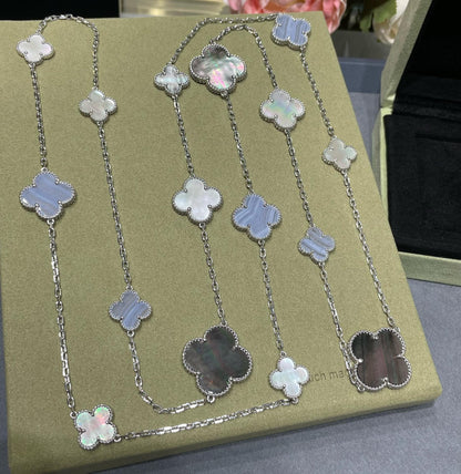 [Noble Jewelry]CLOVER 16 MOTIF CHALCEDONY MOP SILVER NECKLACE