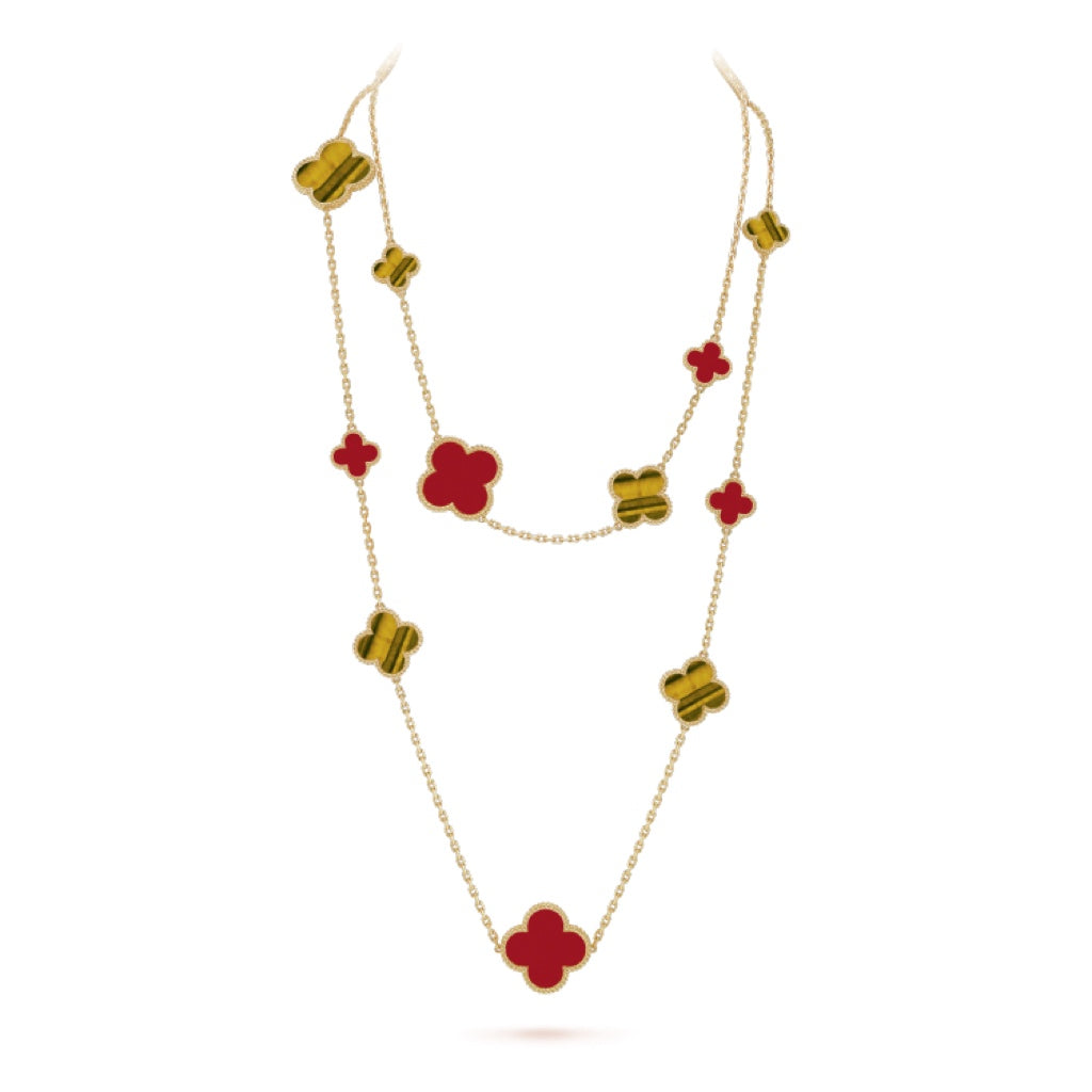 [Noble Jewelry]CLOVER 16 MOTIF CARNELIAN TIGER EYE ROSE GOLD NECKLACE