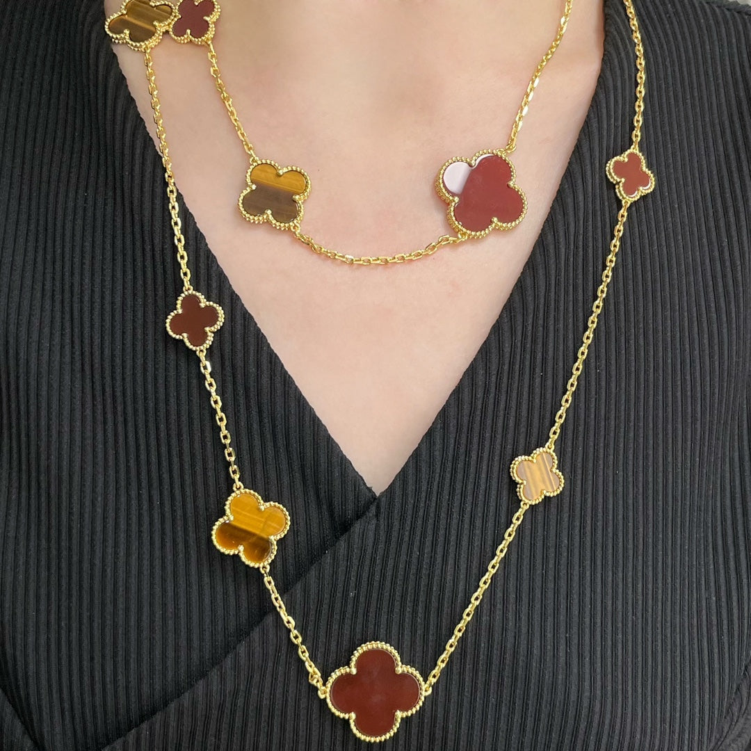 [Noble Jewelry]CLOVER 16 MOTIF CARNELIAN TIGER EYE ROSE GOLD NECKLACE