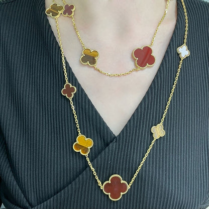 [Noble Jewelry]CLOVER 16 MOTIF CARNELIAN TIGER EYE ROSE GOLD NECKLACE