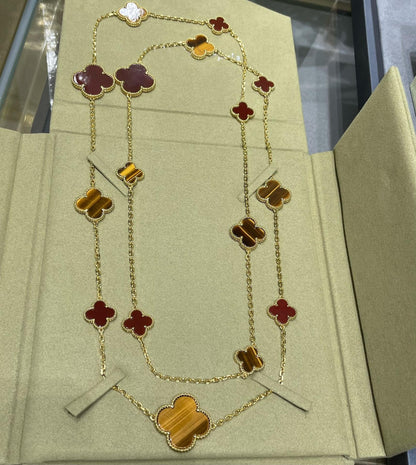 [Noble Jewelry]CLOVER 16 MOTIF CARNELIAN TIGER EYE ROSE GOLD NECKLACE